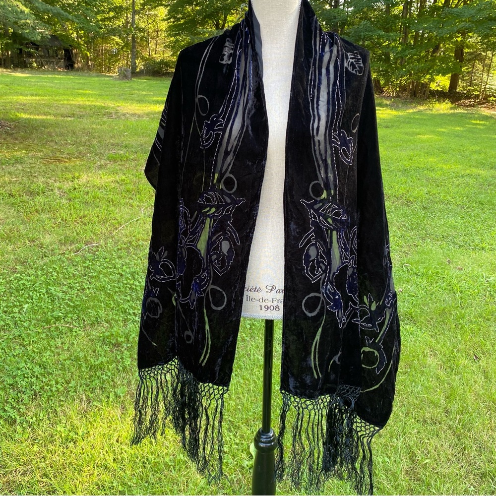 SCARF BLACK VELOUR BURN OUT FLORAL SILVER DOT ACCENT LONG FRINGE ENDS RECTANGLE